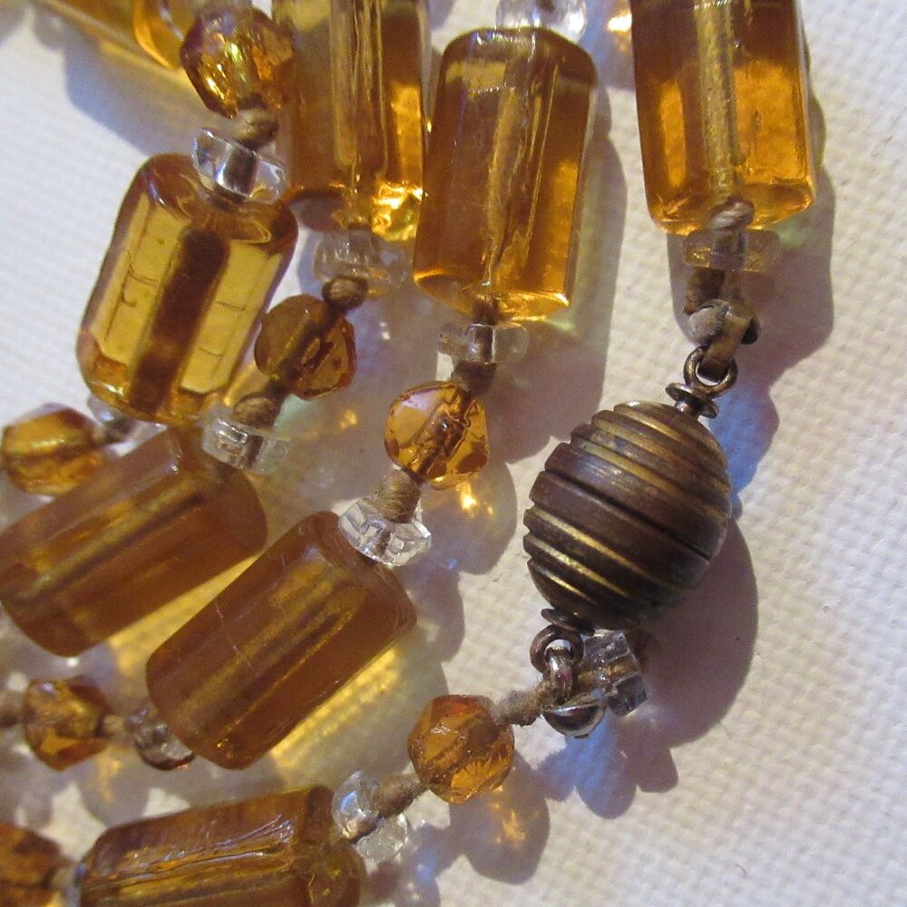 36" long, 1920s Art Deco Flapper necklace, Faceted Amber Glass, Crystal Necklace
